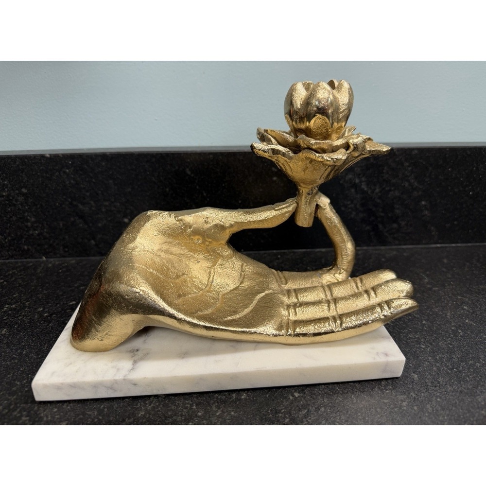 Gold Vitarka Mudra Hand Lotus Candle Holder Sculpture White Marble‎ Base Zen